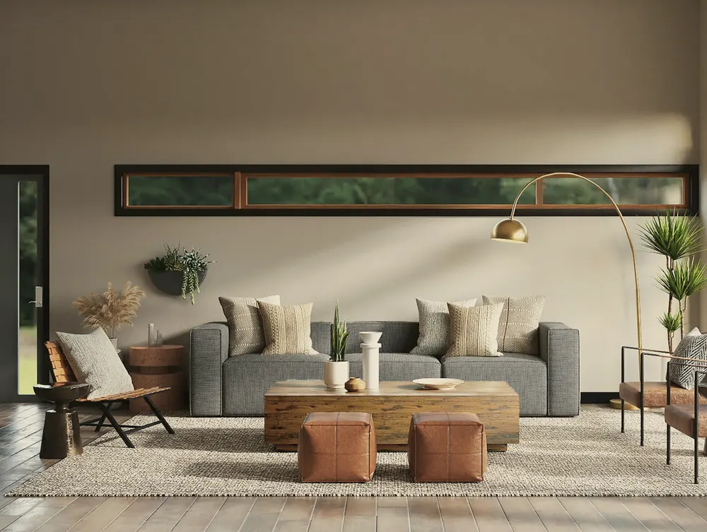 A calm, sunlit living space with low furniture and a long window